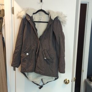 K Jordan Dark Brown Utility Jacket with Faux Fur Hood